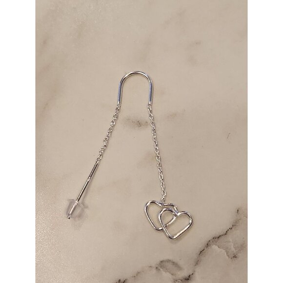 Sterling Silver Double Heart Threader Earrings With Chain Design - Picture 4 of 5
